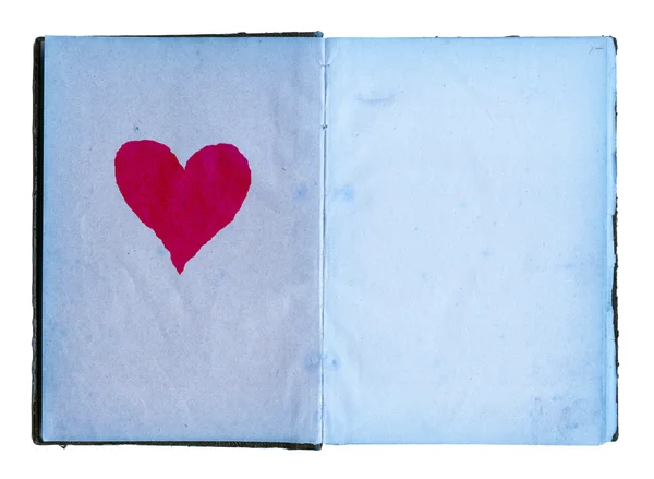 Diario abierto con páginas azules y gran corazón rojo — Foto de Stock