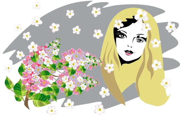 花を持つ美しい女性顔 — ストックベクタ