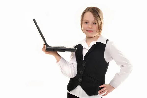 Flicka med datorn på vit bakgrund — Stockfoto