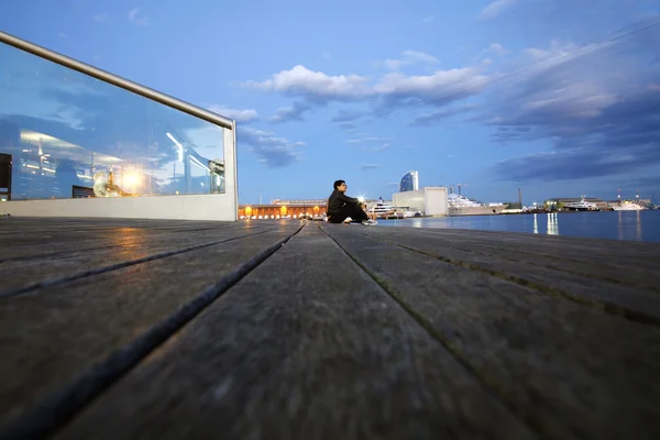 stock image Barcelona, Spain skyline at night. Horbor view