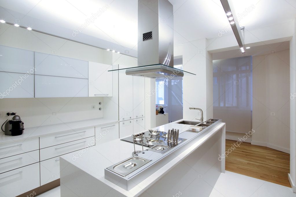 Modern white kitchen with wood floor