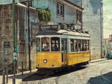 Beautiful city sight of the capital of Portugal with yellow typi clipart