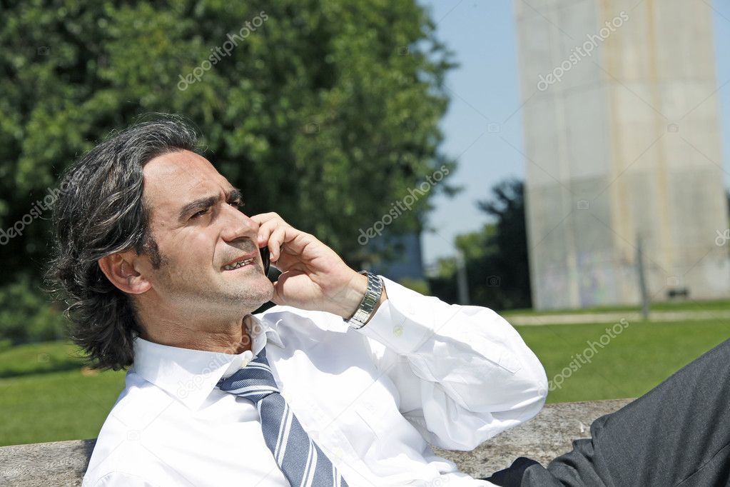 Businessman answering a call while his colleagues having a discu