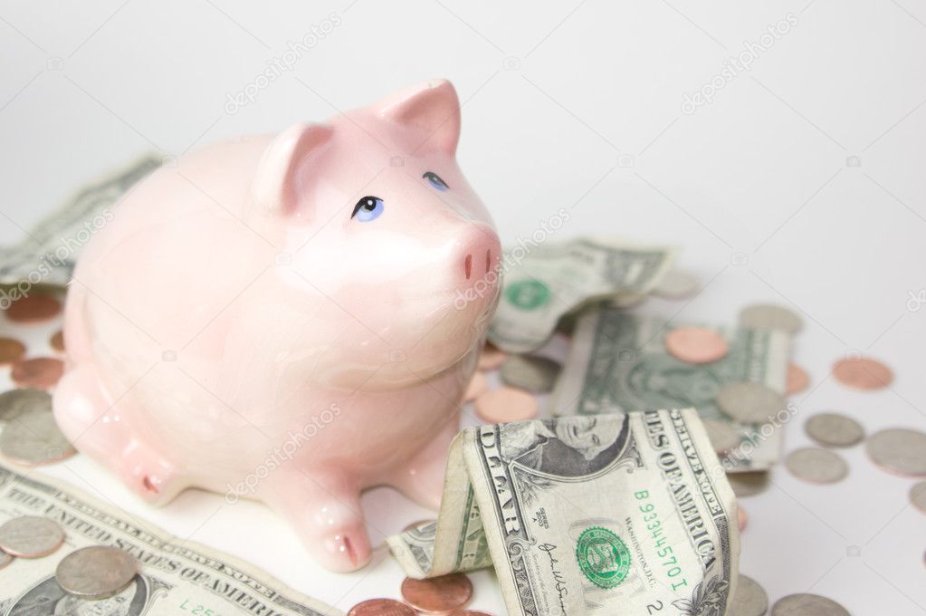 Piggy Bank With Bills & Coins