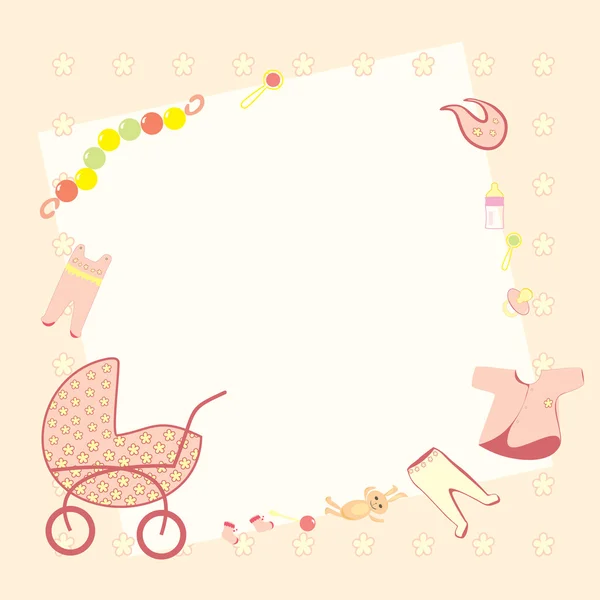 Růžový rám s dětské oblečení, hračky, chrastítka a kočárek — Stockový vektor