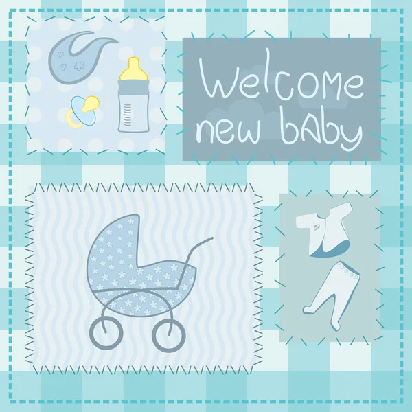 Cartão de saudação em estilo patchwork para menino recém-nascido —  Vetores de Stock
