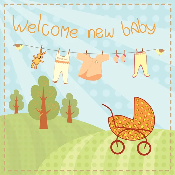 Bienvenida nueva tarjeta de felicitación del bebé — Vector de stock