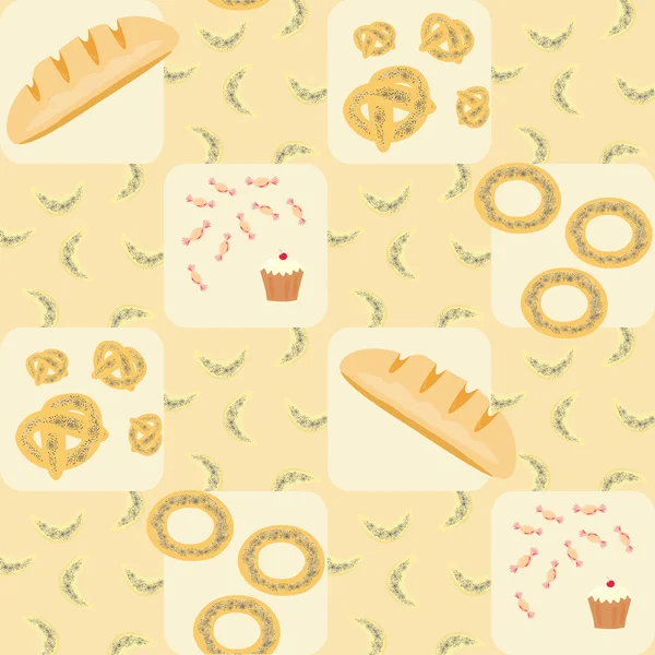 Χωρίς ραφή πρότυπο με ψωμί, κρουασάν, ψωμί δαχτυλίδια, κέικ και καραμελών — Διανυσματικό Αρχείο