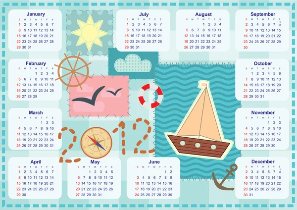 Calendar for the year 2012 with a ship in patchwork style — Stock Vector