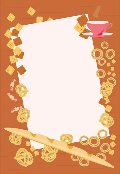 Marco marrón con pan, bollos, rosquillas, croissants, galletas, dulces y una taza de té — Archivo Imágenes Vectoriales