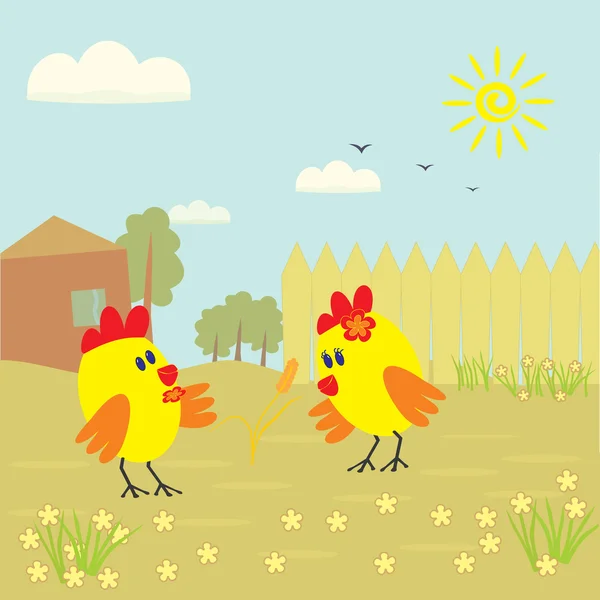 Two little chicken and a spica wheat on a village yard — Stock Vector