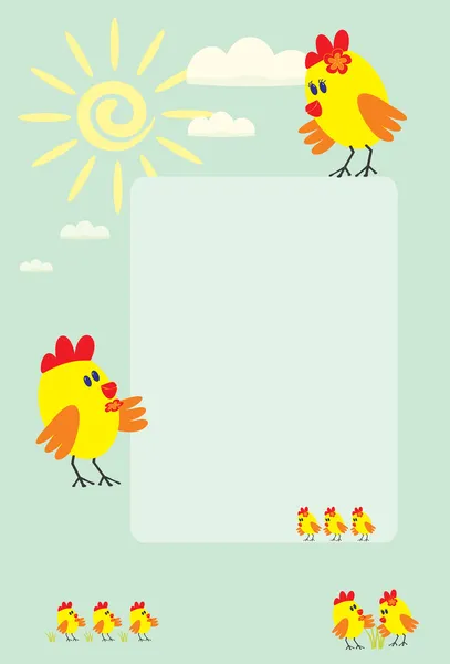 Kinderrahmen mit kleinen Hühnern, Sonne und Wolken — Stockvektor