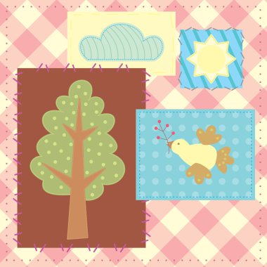 Patchwork with tree, bird, cloud and sun clipart