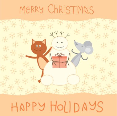 Christmas card with a cat, mouse and snowman clipart