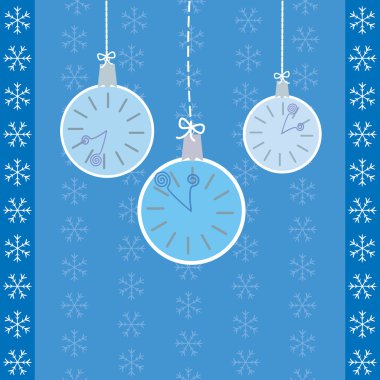 Hanging watches on blue background with snowflakes clipart