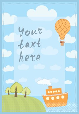 Cartoon frame with a ship and hot balloon clipart