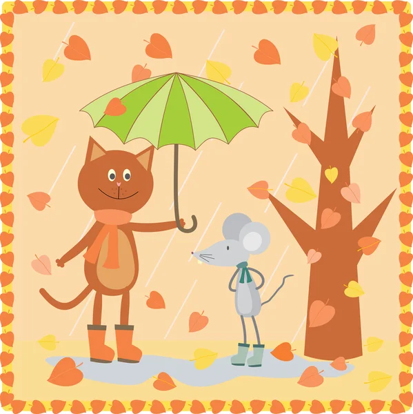 Kitty and mouse walking at the autumn day — Stock Vector