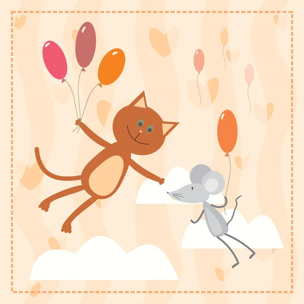 Gatto e topo che volano con palloncini — Vettoriale Stock