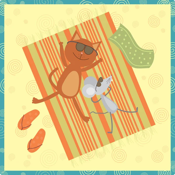 Bain de soleil chat et souris sur la plage — Image vectorielle