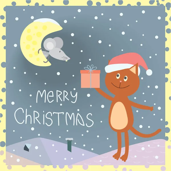 圣诞卡片与一只猫在屋顶上的和在月球上的鼠标 — 图库矢量图片