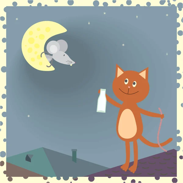 A cat on the roof and a mouse on the moon — Stock Vector