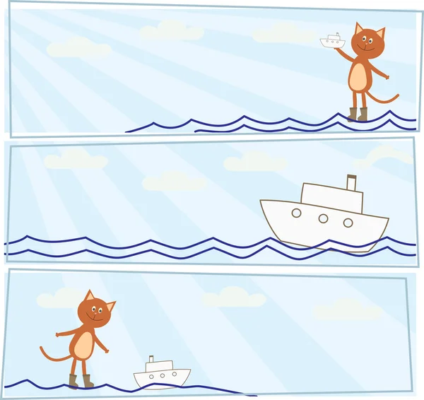 Conjunto de cartas horizontales con un gatito que deja botes — Archivo Imágenes Vectoriales