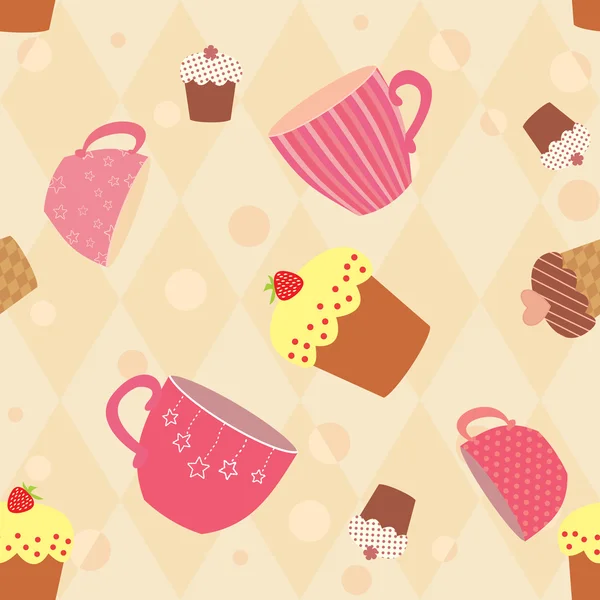 Nahtloses Muster mit dekorierten Tassen und Kuchen — Stockvektor