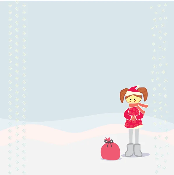 Arrière-plan avec petite fille et sac de Noël — Image vectorielle
