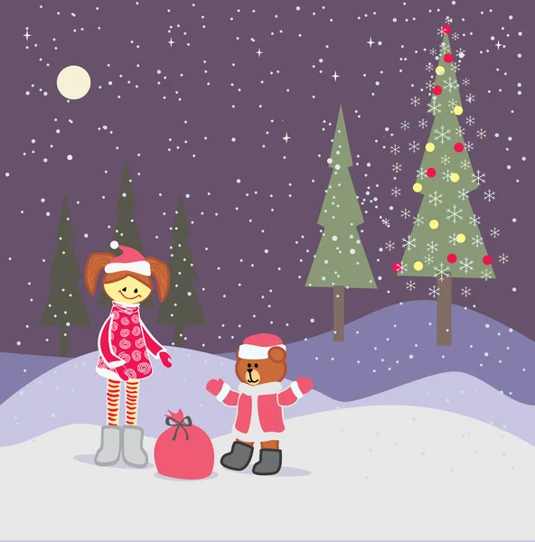พื้นหลังกับคริสต์มาส สาวน้อยและหมีซานตาคลอส — ภาพเวกเตอร์สต็อก