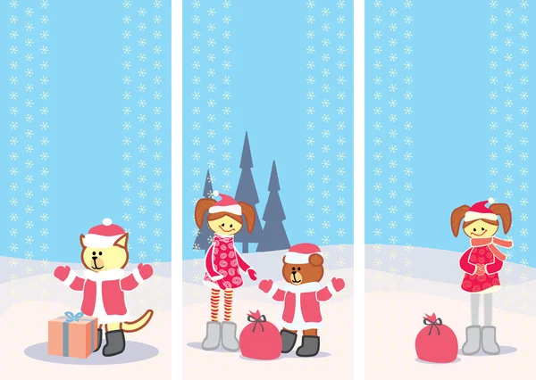 Ensemble de cartes de Noël avec petit format vertical fille — Image vectorielle