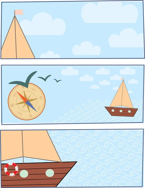 Bir denizde bir gemi ile kartpostal seti — Stok Vektör
