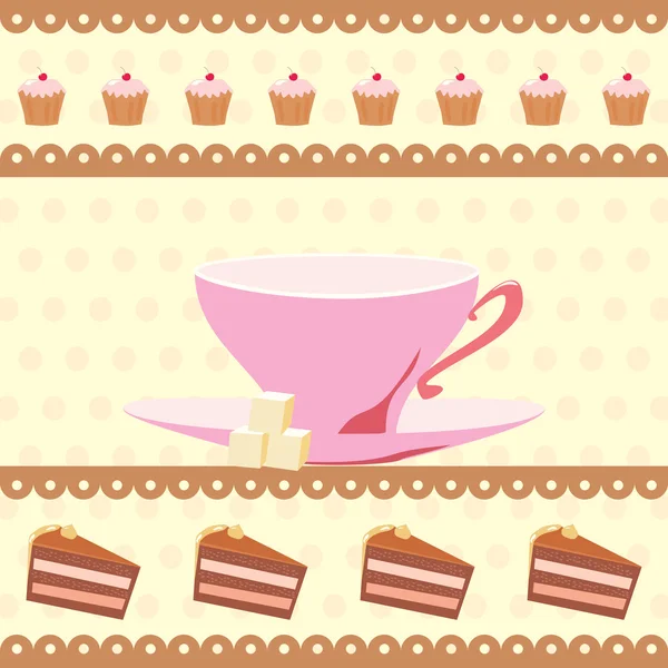 一杯茶和蛋糕与背景 — 图库矢量图片