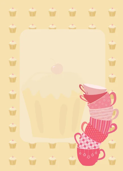 Marco con taza de té y cupcakes — Vector de stock