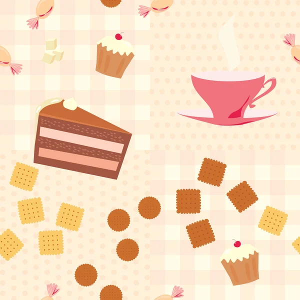 Безшовний візерунок з чашкою чаю, торта, цукерок та печива — стоковий вектор