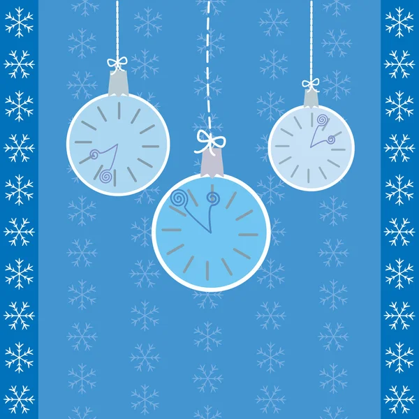 Висящие часы на синем фоне со снежинками — стоковый вектор