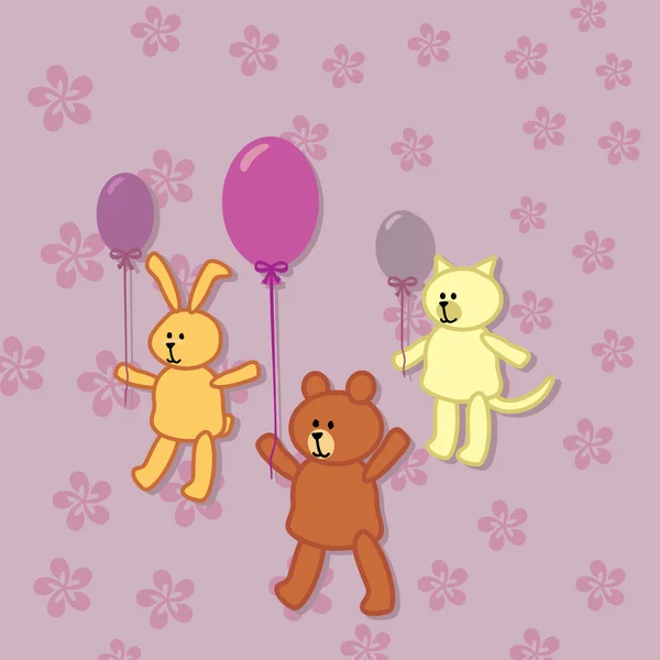 Кролик, медведь и котенок гуляют с воздушными шарами — стоковый вектор