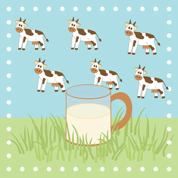 Vaca, grama e leite no copo —  Vetores de Stock