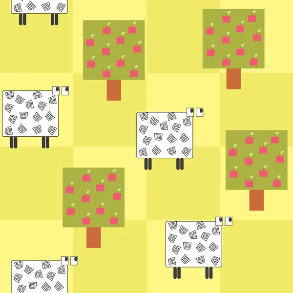 ツリーの下で羊とのシームレスなパターン — ストックベクタ