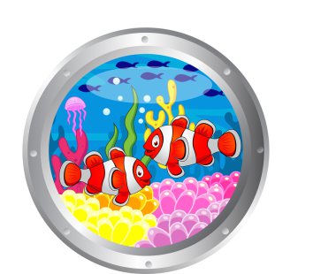 Clown fish cartoon with porthole frame clipart