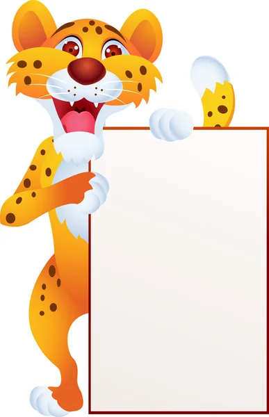 Cartone animato ghepardo con segno bianco — Vettoriale Stock