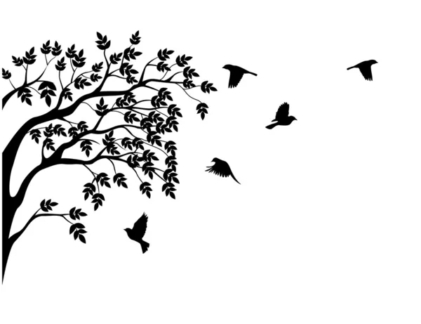 Träd silhouette med fågel flyger — Stock vektor
