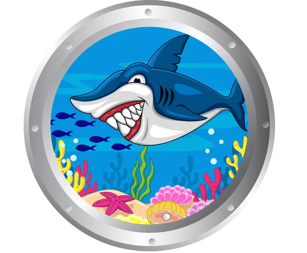 Caricatura de tiburón con marco de ojo de buey — Vector de stock