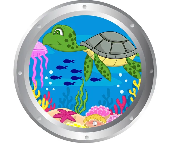 Turtle cartoon with porthole frame — Stock Vector