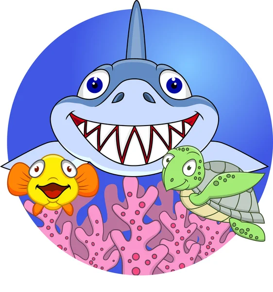 Vriendelijke haai met kleine vissen en schildpad — Stockvector