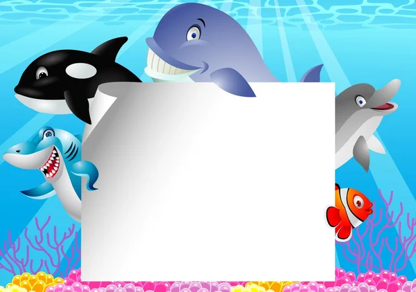 Dibujos animados de vida marina con signo en blanco — Vector de stock