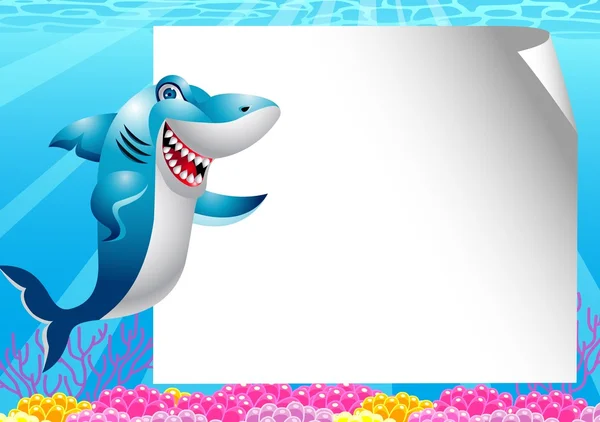 Caricatura de tiburón con signo en blanco — Vector de stock