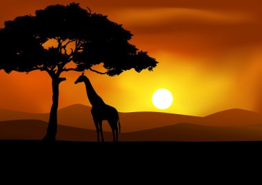 African Sunset background with giraffe clipart