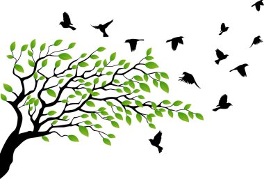 Tree silhouette with bird flying clipart
