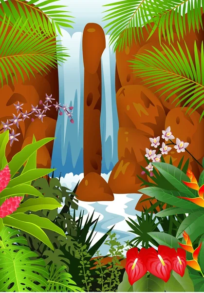 Tropisk skog med vatten falla — Stock vektor