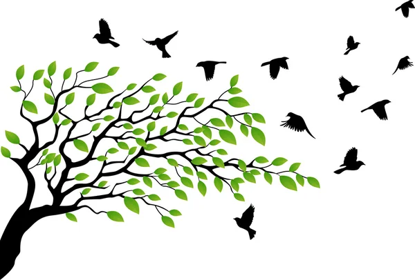 Träd silhouette med fågel flyger Vektorgrafik